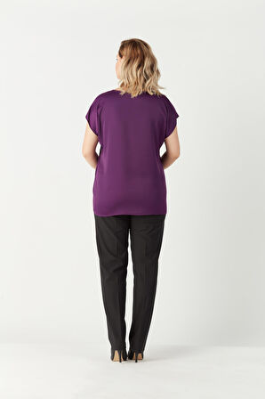 3203  Saten V Yaka Kısa Kollu Büyük Beden Şık Bluz Mürdüm